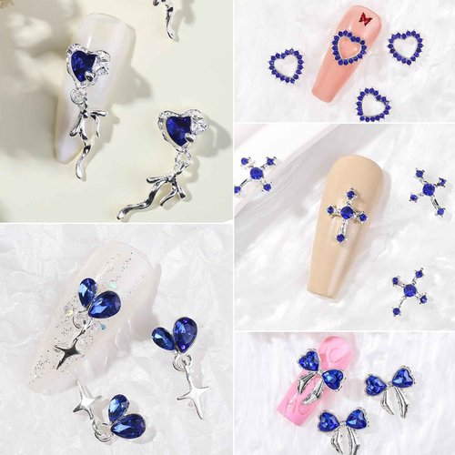 editTime 24pcs Silver Metal Alloy 3D Luxury Nail Rhinestones Kit Punk Y2K Star Moon Heart Love Butterfly Cross Crown Rhomboid Rhomboid Balloon Pendant Flat Back Nail Charms Decoration (blue-24pcs)