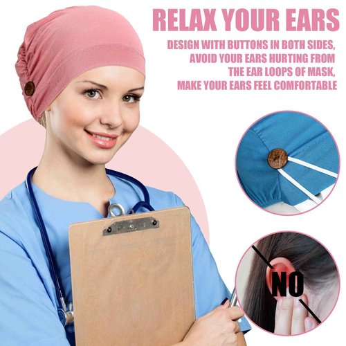 Geyoga 10 Pcs Soft Bouffant Caps with Buttons, Gourd-Shape Caps Stretch Bouffant Hat Stretchy Headband Turban (Bright Colors)