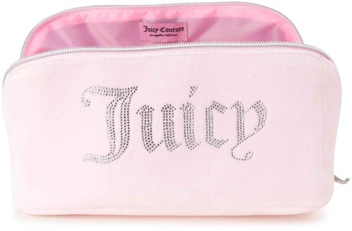 Juicy Couture Pink Makeup Bag Cosmetics Organizer Travel Essentials Cross Zip Velour Rhinestone Silver Handle