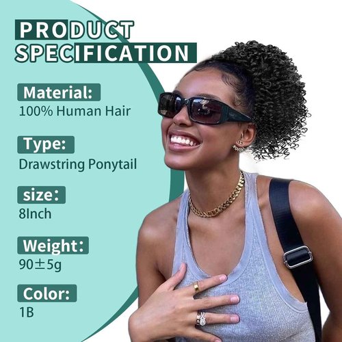 SPIKFN Ponytail Extension Human Hair Curly Ponytail Extension for Black Women 8 Inch #1B Natural Black Short Afro Puffs Hair Buns Drawstring Ponytail Human Hair