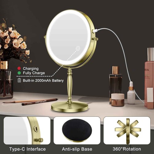 Matekxy 8" Lighted Makeup Mirror with Magnification - 1X/10X Magnifying Desk Mirror with Rechargeable LED Lights, 3 Colors Dimmable Tabletop Mirror, Brass Gold
