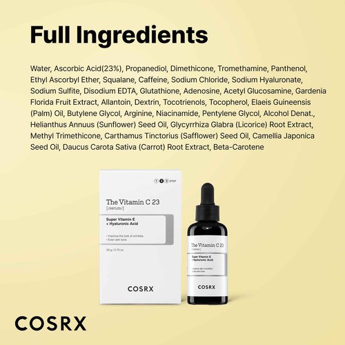 COSRX Pure Vitamin C 23% Serum with Vitamin E & Hyaluronic Acid, Hydrating Facial Serum for Fine Lines, Uneven Skin Tone & Dull Skin, 0.7oz/20g, Korean Skin Care, Stocking stuffers for women
