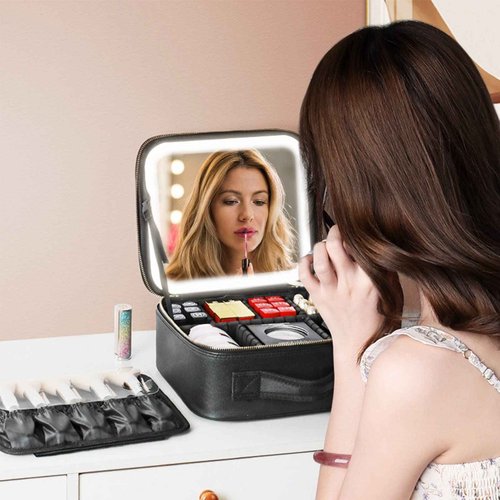 mumisuto Makeup Bag with Light Up Mirror Travel Makeup Case with Adjustable Dividers Cosmetic Bags Brush Organizer with 3 Adjustable Brightness Portable Artist Organizer Bag with Makeup Brush Storage