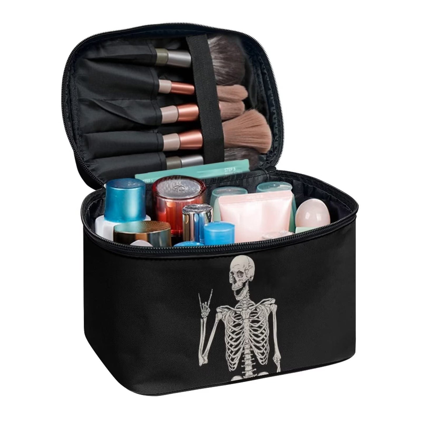 Biyejit Funny Skull Skeleton Makeup Bag Large Travel Cosmetic Bag Zipper Cosmetic Pouch Protable Toiletry Bag Travel Accessories