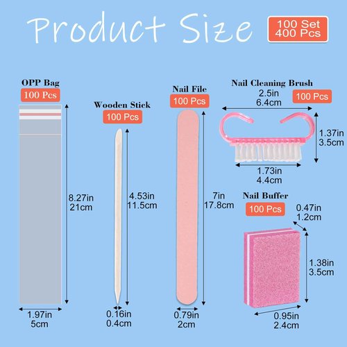 Disposable Manicure kit Press On Nail Tool Kit for Salon Home, Mini Nail Buffer, Nail File, Wood Stick, Nail Brush (Pink, 100 Set)