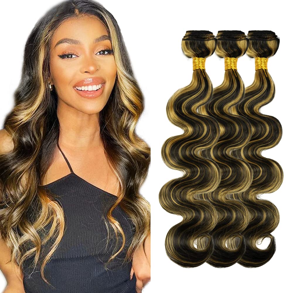 P1B/27 Human Hair Bundles Ombre Body Wave Bundles Brazilian Unprocessed Virgin Hair 3 Bundles 22 22 22 Inch Two Tone Black Mixed With Honey Blonde Bundles Hair Weave for Women