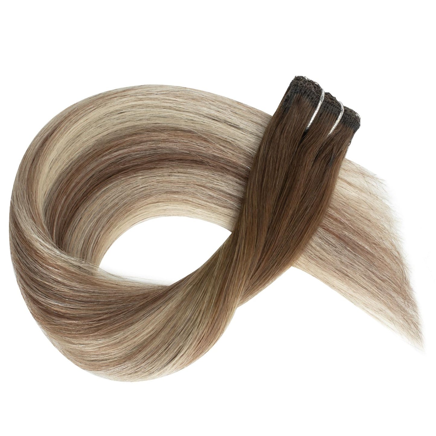 FUBILI Clip in Hair Extensions Walnut Brown to Ash Brown Mix Light Blonde Balayage Human Hair Extensions 100% Real Human Hair 14Inch 30g 5pcs