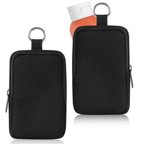 2Pcs Neoprene Pouch with Zipper Hand Sanitizer Bottle Case Holder Makeup Bag with Snap Hook, Small Portable Coin Purse Keychain Fashion Accessory Lipstick Cosmetic Travel Organizer Black