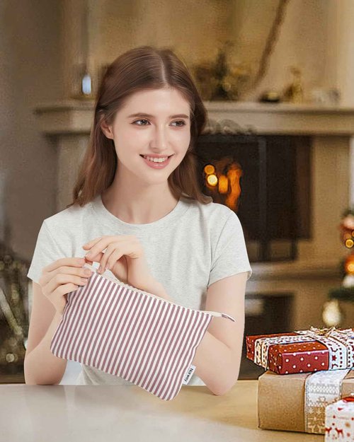 Narwey Small Striped Makeup Bag for Purse Travel Makeup Pouch Cosmetic Bag Zipper Pouch Bags for Women (Dusty Pink Stripe)