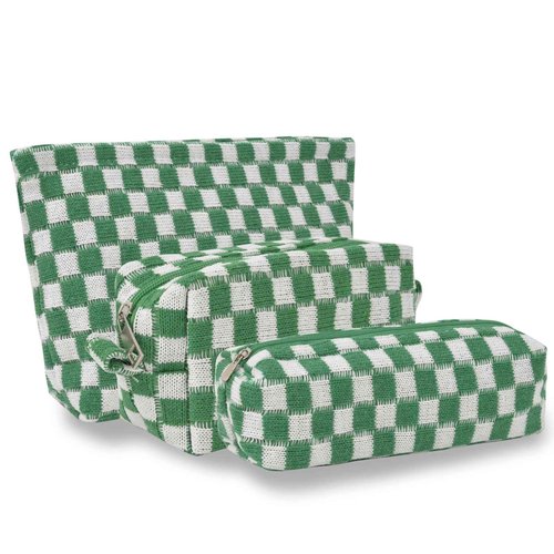 Makeup Bags Checkered Cosmetic Bag- 3PCS Travel Toiletry Bag Aesthetic Portable Accessories Pouch Preppy Pencil Checkered Pencil Pouch Case Cute Brushes Storage Bag for Women - Green