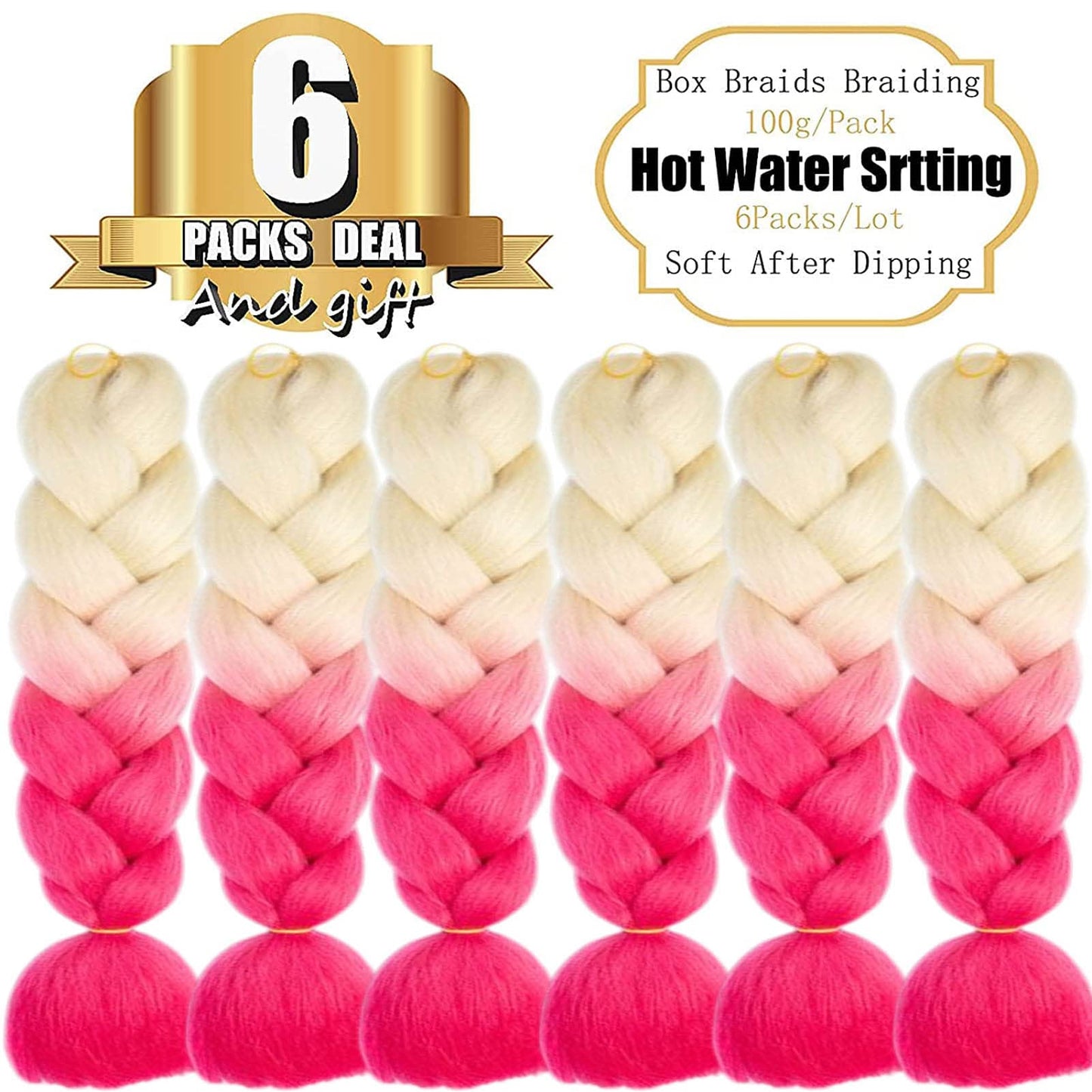 Ombre Braiding Hair Extensions for Women 6 Packs/24 Inch Braiding Hair Fiber Crochet Hair for Box Braids Senegal Twist Hair Extensions(24" (Pack of 6),Beige to Pink)