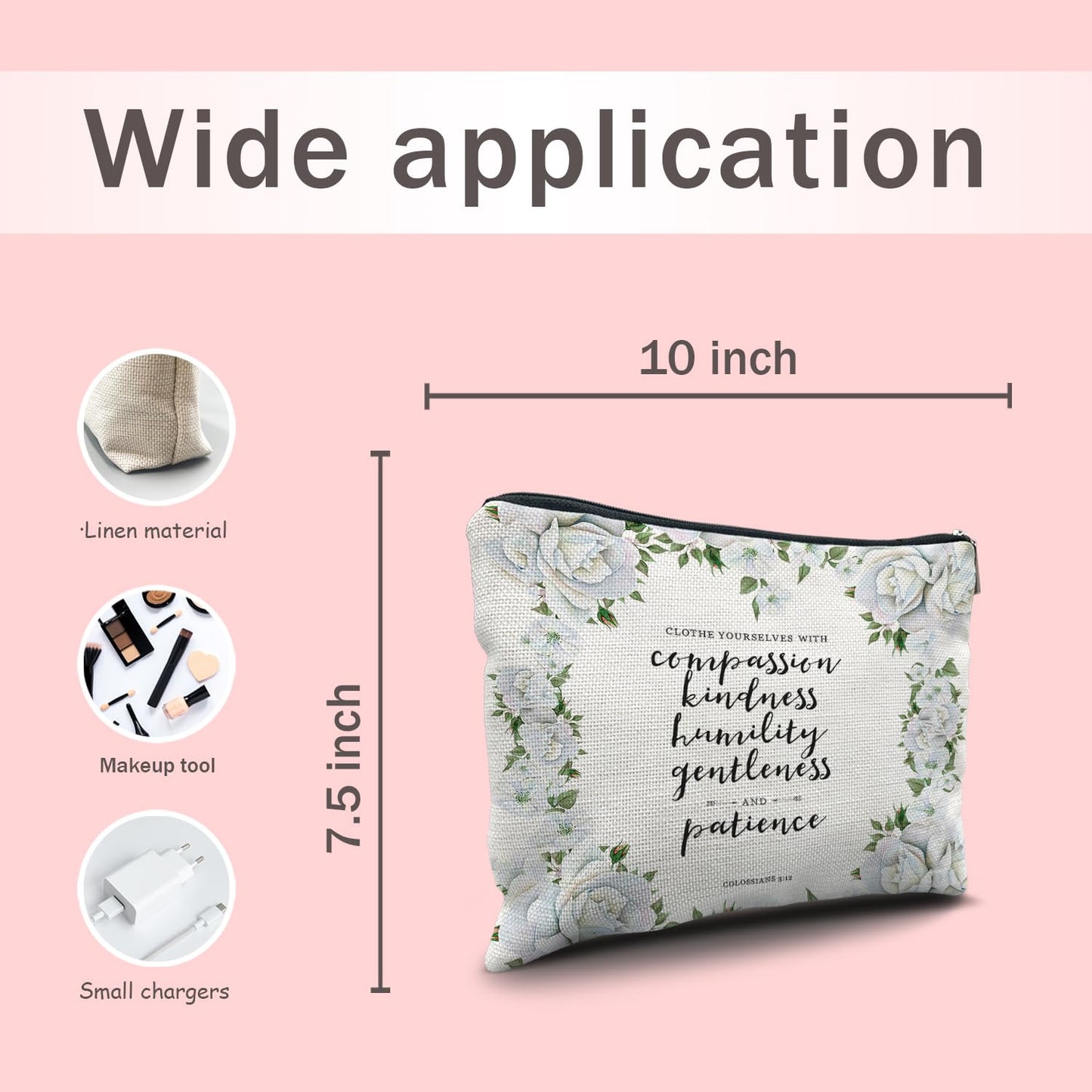 Nogrit Christian Inspirational Makeup Bag Cosmetic Bags for Women,White Floral Makeup Bag, Christian Gifts for Women Faith, Religious Bible Verse Small Makeup Cosmetic Bag for Purse, Colossians 3:12