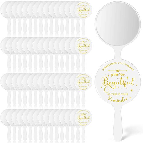 Threehoney 60 Pcs Small Handheld Mirror Bulk Inspirational Compact Portable Travel Makeup 3.94 x 2.16 Inch Mini Round Mirror with Handle Employee Appreciation Gifts for Women Coworker Friend(White)