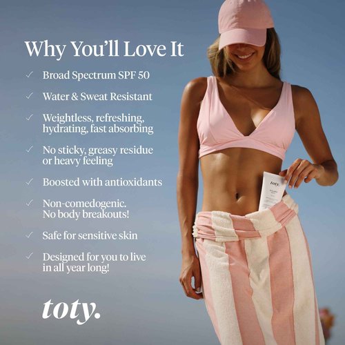Toty by Sofia Vergara - Solaria Body SPF 50 Refreshing Antioxidant Sunscreen - UVA/UVB Protection - Weightless Body SPF for All Skin Types - Water & Sweat Resistant - 5.07 fl oz