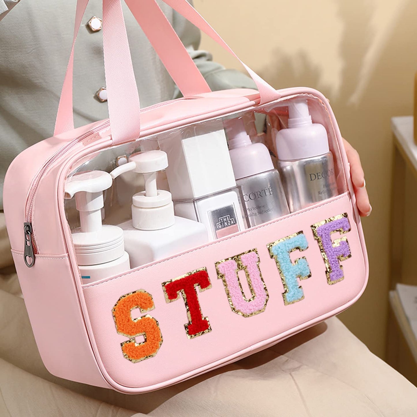 CRUOXIBB Chenille Letter Clear PVC And PU leather Large Travel Cosmetic Toiletry Storage Bag Waterproof Makeup Tote Bag Organizer Bag for Women(STUFF-Pink)