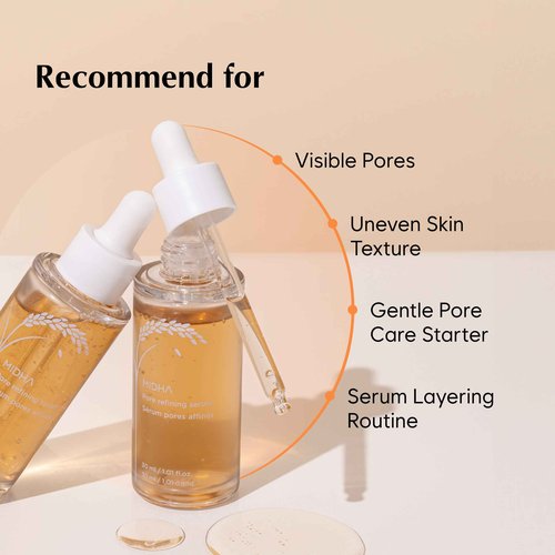 MIDHA RICE PORE REFINING SERUM, 1.01fl.oz/30ml,Pore care, Enlarged pore solution, Pore refining skincare, Lightweight, Smooth skin formula, Hydrating, Daily exfoliating essence