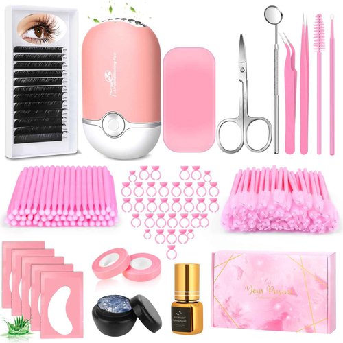 ROADPLUM Professional Eyelash Extension Kit for Beginners - Complete Lash Tech Practice Set with D-Curl Lashes (0.07mm), Quick-Dry Glue, Fan Dryer, Tweezers & Eye Patches DIY Lash Supplies