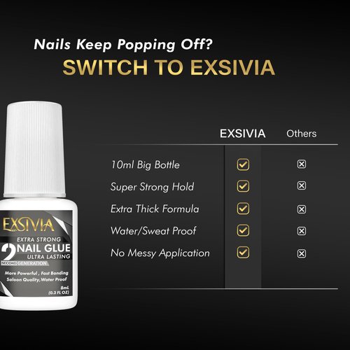 Super Strong Nail Glue for Press On Nails, Acrylic Nails & Nail Tips (10ml) Exsivia 2nd Gen NailBond for Fake Nails, Extra Strength,Long Lasting, Brush on Adhesive, No Dehydrator or Primer Needed