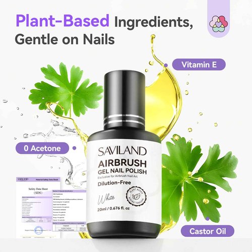 SAVILAND Advanced Dilution-Free Airbrush Gel Nail Polish: Non-Acetone 2 PCS 20ml White Airbrush for Nails Gel Airbrush Paint Kit Non-Toxic Castor Oil & VE for Ombre French Nail Salon Nail Art & Party
