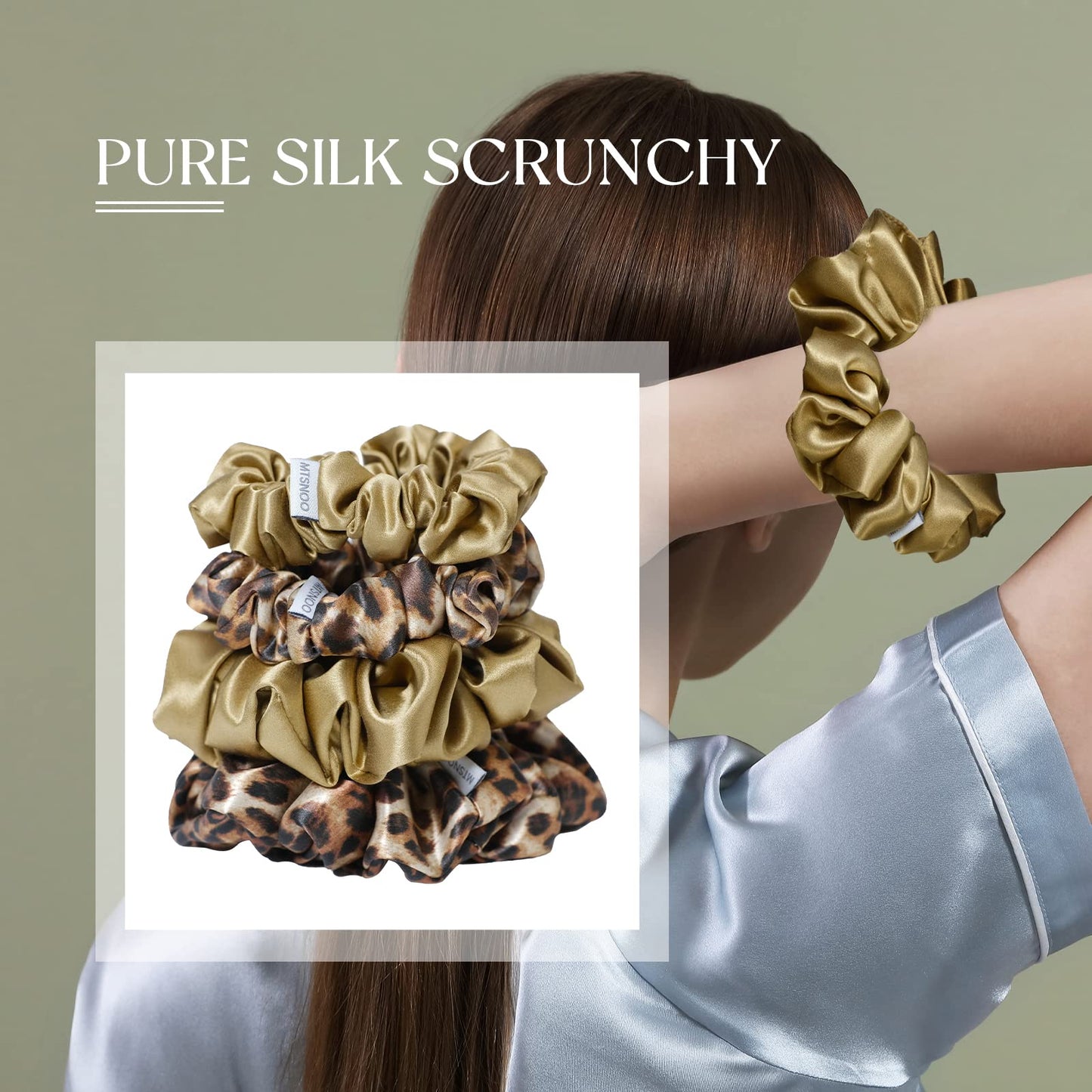 MTSNOO Silk Scrunchies, 100% Pure 22 Momme Mulberry, 4 Pack, Gold Leopard, for Curly Hair Care, Hair Ties for Women and Girls, Unique Gift