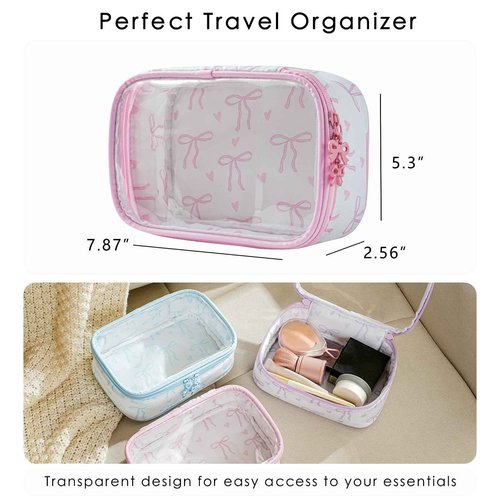 RSRSLEII Cute Clear Makeup Bag with Bow Pattern,Transparent Nylon Travel Cosmetic Case with Zipper,Portable Makeup Organizer Pouch for Essentials(01Pink)
