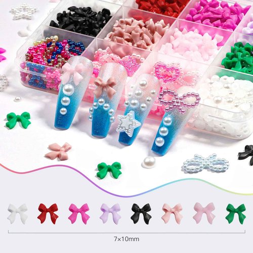650+ Pcs 3D Nail Art Charms Kit with Flatback Pearls - 8 Colors Bow Charms, Star Moon Heart Jewels & 3-6mm Mixed Size Pearls for Professional Manicure Designs, Includes Dual-End Brush and Tweezers