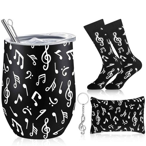 Sliner 4 Pcs Music Lover Gifts for Women Men Christmas Music Teacher Gifts Musical Note Wine Tumbler Socks Makeup Bags Keychains for Choir Marching Band Musicians Singers Gift Accessories(Black)