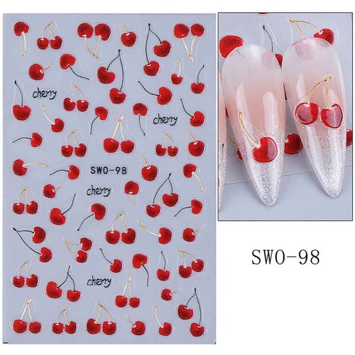 Cherry Nail Stickers Fruit Nail Decals 5D Embossed Fruit Design Sticker 3PCS Self-Adhesive Summer Nail Art Supplies Nail Manicure Accessories Slider Cherry Stickers for Women Nail Art Decorations