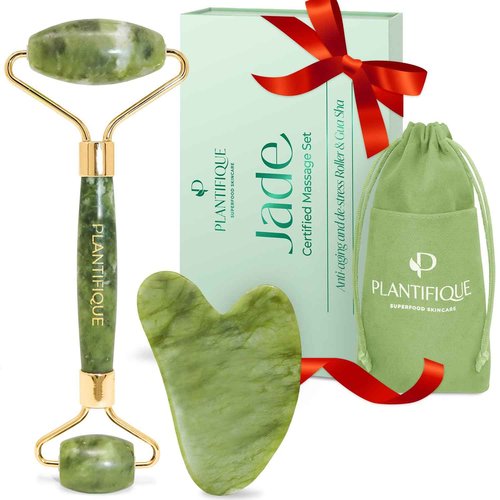 PLANTIFIQUE Jade Roller & Gua Sha Set – Real Jade Facial Tools for Skin Care Routine – Certified Face Massager for Radiant Skin
