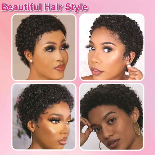 Msviki Short Curly Pixie Cut Wigs with Bangs Human Hair for Black Women Non Lace Full Machine Made Cap Human Hair Pixie Wig Brazilian Virgin Glueless Bob Wig Short Layered Wigs For Women