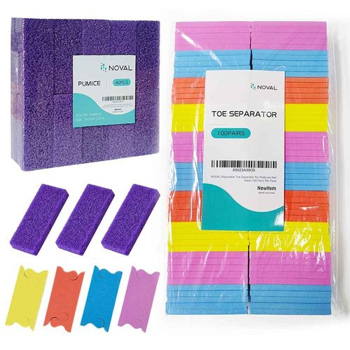 NOVAL Pedicure Supplies 200 PCS (100 Pairs) Per Pack Toe Separator and 40 PCS Disposable Pedicure Pumice Stone Callus Removal for Nail Salon