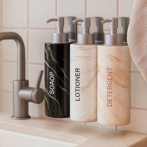 Refillable Shampoo, Conditioner and Body Wash Pump Dispenser Bottles 3pcs 17oz - Empty Pump Dispensers - 3 Chamber No Drill - Soap Bottles, Adhesive Strips, Funnel - Wall Mounted