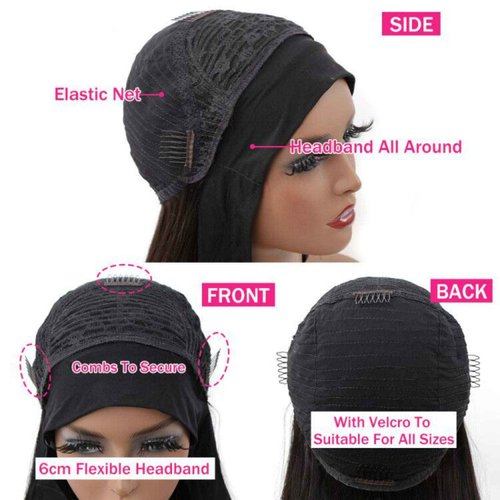 catti Headband Wig Human Hair Body Wave Headband Wigs for Black Women Brazilian Virgin Hair Glueless None Lace Front Half Wigs Human Hair Wear and Go Headband Wigs 150% Density (18" Headband wigs)