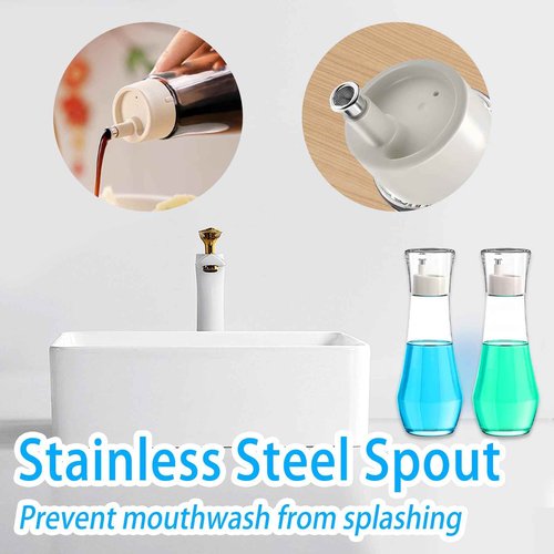 wasungal 2 Pack Glass Mouthwash Dispenser for Bathroom, 9 OZ Refillable Mouth Wash Container with Lid Cup, Small Clear Refillable Mouthwash Bottle for Countertop (2 Pack)