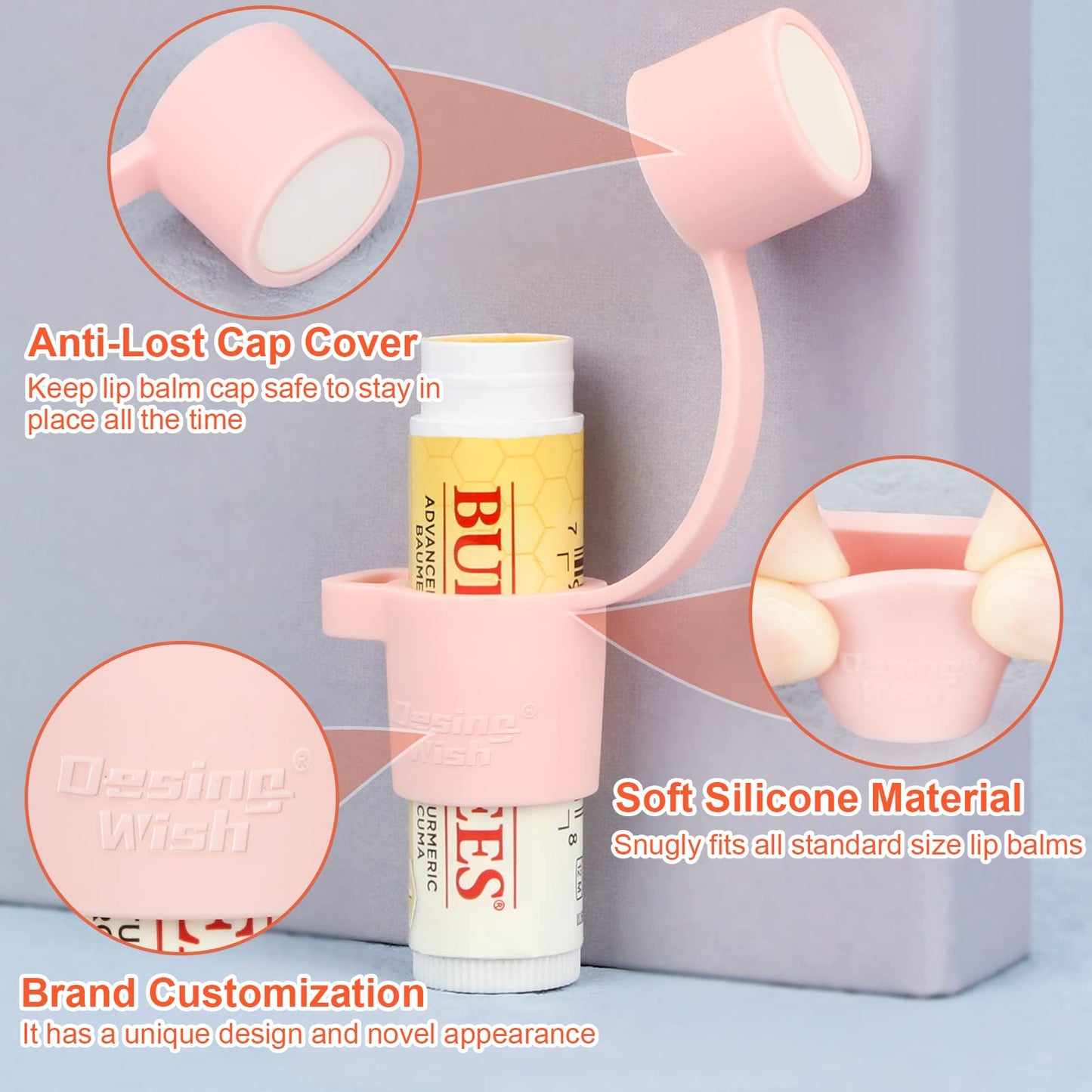 Desing Wish Silicone Lip Balm Holder with Cap Cover Portable Chapstick Holder Keychain Sleeve Lip Balm Key Chain with Key Ring and Wrist Strap Lanyard - Pink