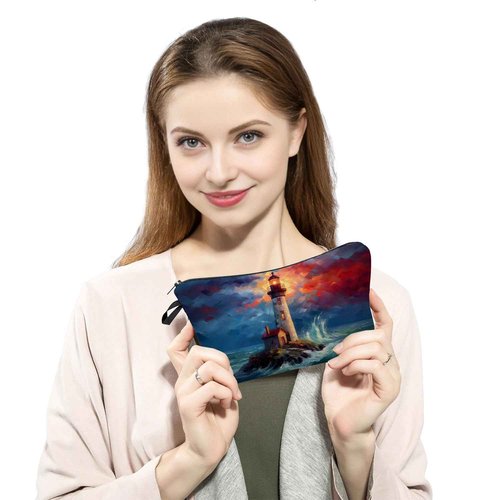 YULUENZE Lighthouse Gift Storm Beacon Makeup Bag Cute Small Organizer Bag with Zipper Lighthouse in Storm Print Cosmetic Bag Birthday Gifts for Women Friends