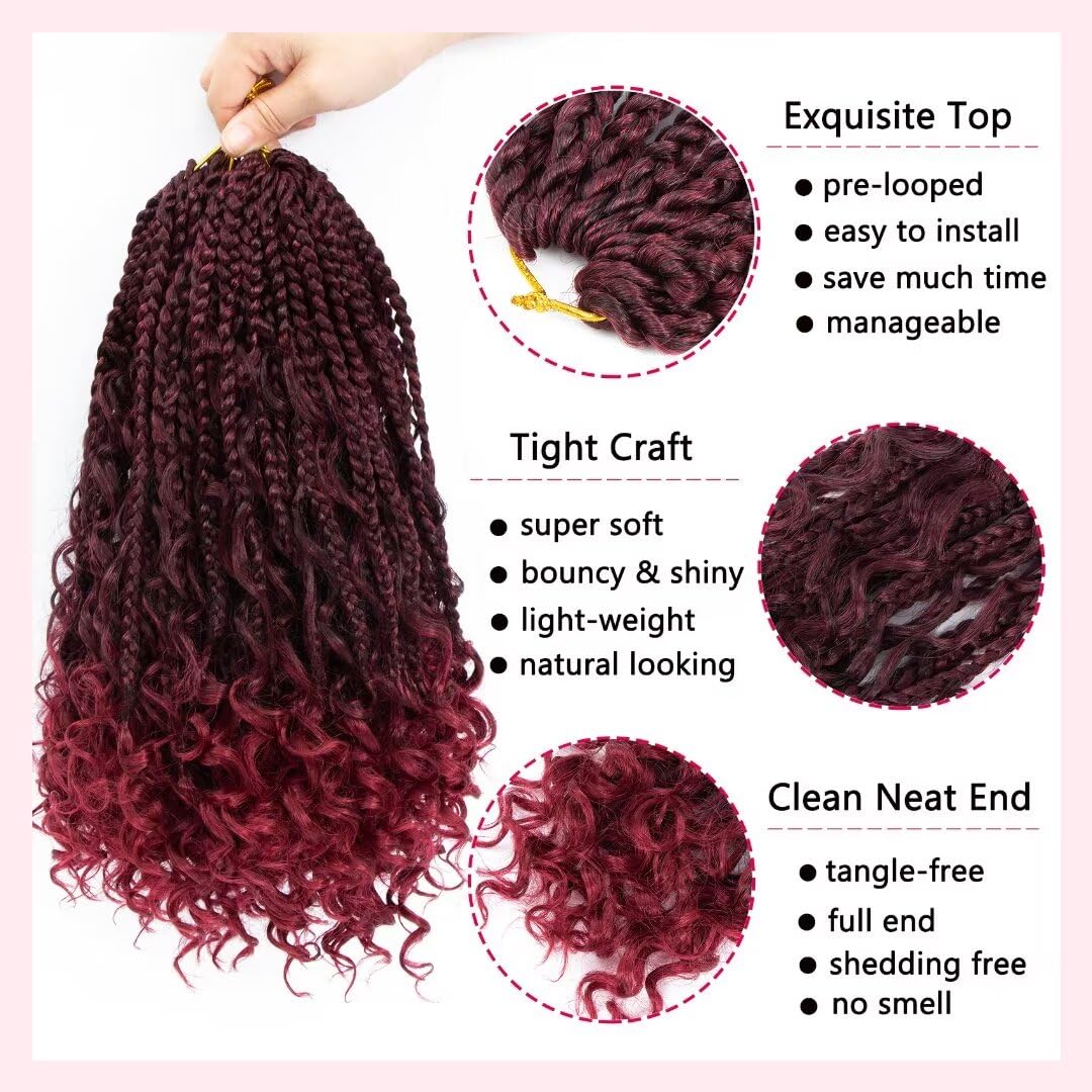 8 Packs Bohomian Box Braids Crochet Hair with Curly Ends 12 inch Burgundy Boho Bohomian Box Braid Hair Pre-looped Synthetic Braiding Hair Goddess Box Braids Crochet Hair for Black Women(12",T1B/BUG#)