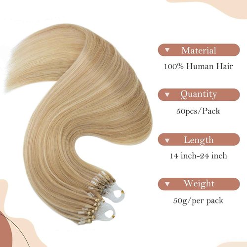 TESSHAIR Micro Loop Hair Extensions, 100% Remy Human Hair, Microlink Extensions, No Tangle & Smooth, 50 Strands 50g, 14 Inch #Blonde & Bleach Blonde