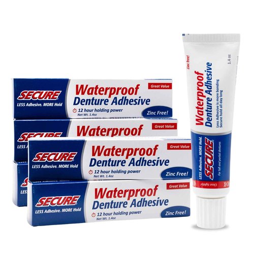 Secure Waterproof Denture Adhesive - Zinc Free - Extra Strong Hold For Upper, Lower or Partials - 1.4 oz (Pack of 5)