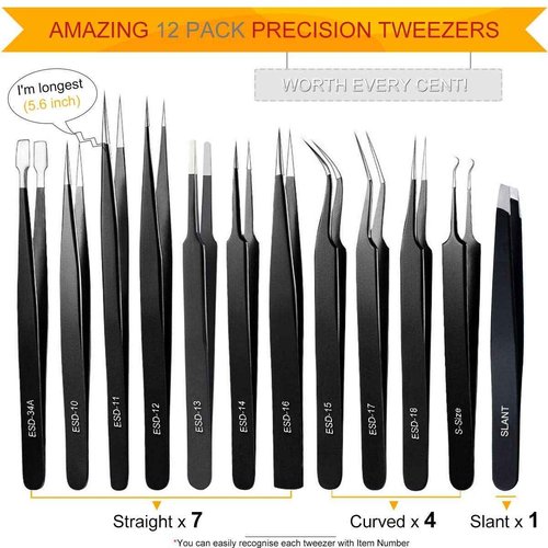 Tweezers, Precision Tweezer Set, Craft Tweezers, Soldering Tweezers, Jewelry Tweezers, Ingrown Tweezers, Eyelash Extension Tweezers, Eyebrow Tweezers - 12 Pack Super Valued Set with Handy Case