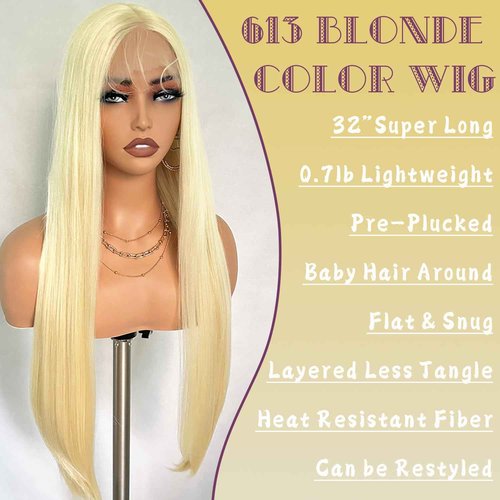 UREMY Synthetic Lace Front Wig 613 Blonde 32 Inch Long Straight Layered Wigs Middle Part with Baby Hair Pre Plucked Transparent Lace Soft Silky Hair for Women