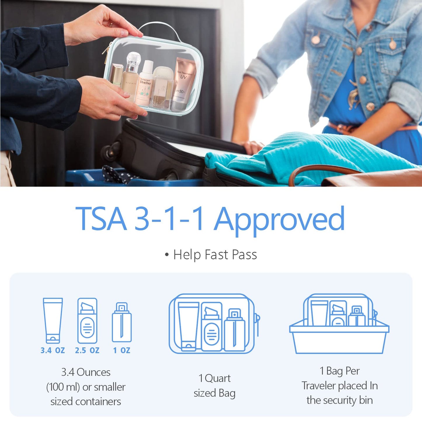 PACKISM TSA Approved Toiletry Bag - Large Opening Clear Makeup Bags with Handle, Clear Toiletry Bags Fit Carry on Travel Essentials, Quart-sized Clear Travel Bags for Toiletries, Grayish Blue