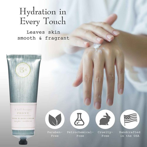 K. Hall Designs Peony Hand & Body Cream, Peaceful Peony Scent with Watery Notes, Shea Butter Lotion for Men & Women, Relieves Dry Skin & Cracked Hands, 3.4 fl oz