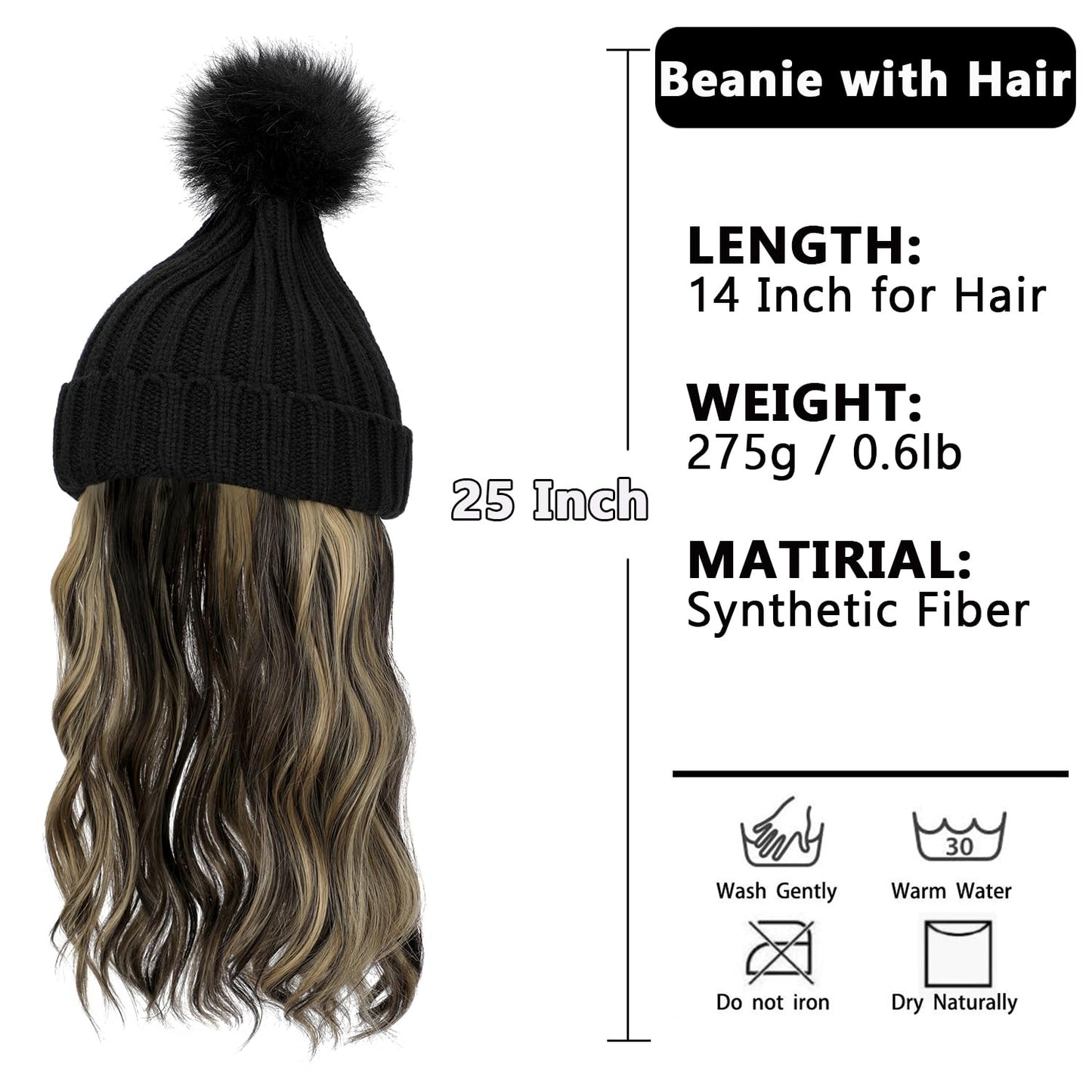 Cephermer Women Beanie Hat with Hair Attached Warm Knitted Pom Cap Attached 14inch Long Wavy Curly Hair Extensions Synthetic Hairpiece