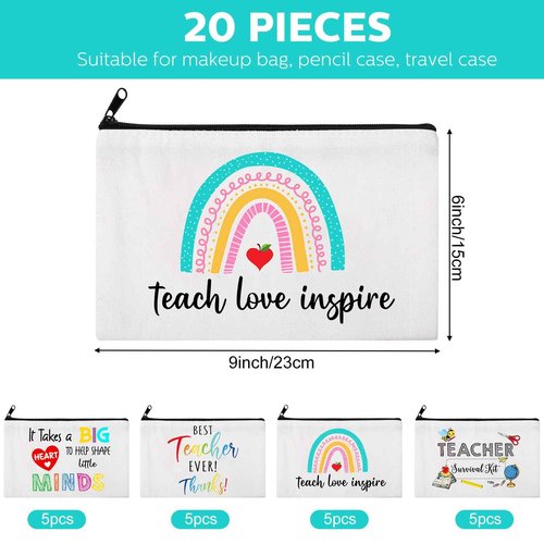 Saintrygo 20 Pieces Teacher Gifts Makeup Bags Bulk Canvas Survival Kit Cosmetic Bag Zippered Pencil Case Appreciation Gifts Travel Toiletry Pouch for Graduation Teachers Day(Heart)