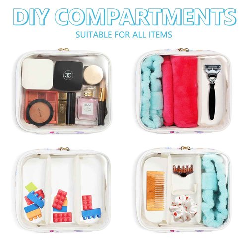 U+U Makeup Bag with compartments, Clear Makeup Organizer Bag, Waterproof Travel Clear Pouch for Toiletries Accessories (Colorful Flower)