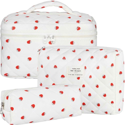 BuyCard Quilted Makeup Bag Set, 3Pcs Cotton Floral Cosmetic Bags, Cute Aesthetic Coquette Makeup Bag Travel Cosmetic Organizer with Toiletry Pouch & Brush Holder for Women, Strawberry Beige