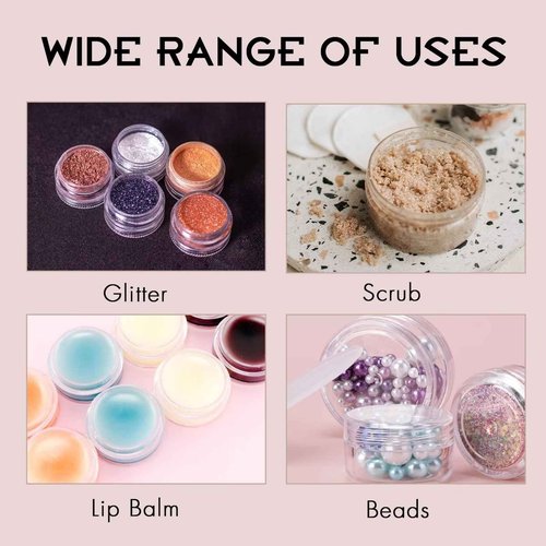 50 Count 5 Gram Sample Containers, Clear Lip Balm Containers with Lids, Small Plastic Sample Jars with 4 Mini Spoons, 50pcs Labels (Black Lid)