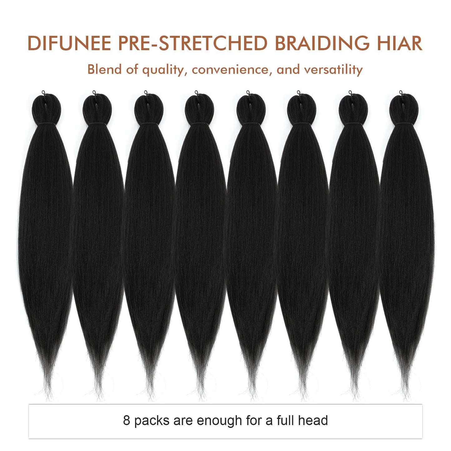 DIFUNEE Pre-stretched Braiding Hair - 20 Inch 8 Packs Natural Black Long Braiding Hair For Twist or Box Braids, Yaki Texture Hot Water Setting Synthetic Braiding Hair Extensions (20 Inch, 1B-8P)