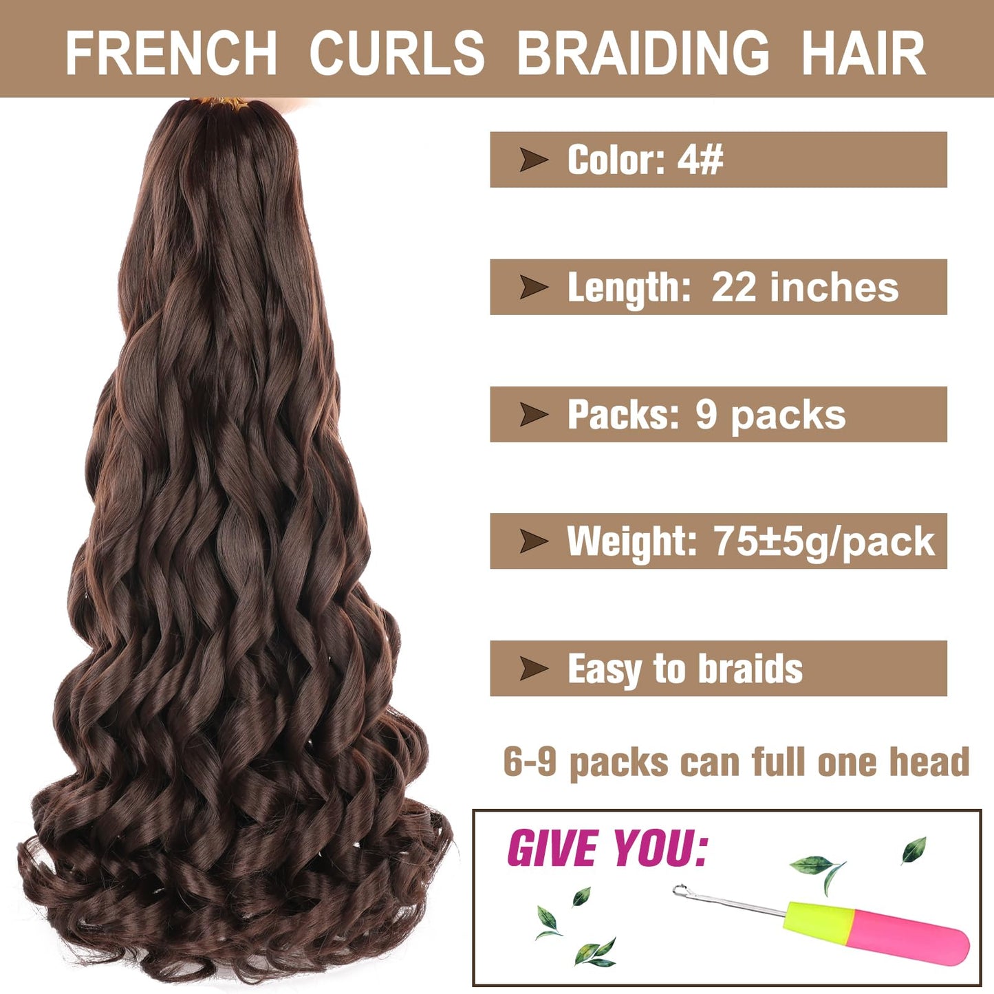 COOKOO 9 Packs French Curl Braiding Hair Dark Brown 22 Inch Loose Wave Bouncy Braiding Hair with Curly Ends Pre Stretched Yaki Curly Braiding Hair for Black Women Synthetic Hair Extensions 4#